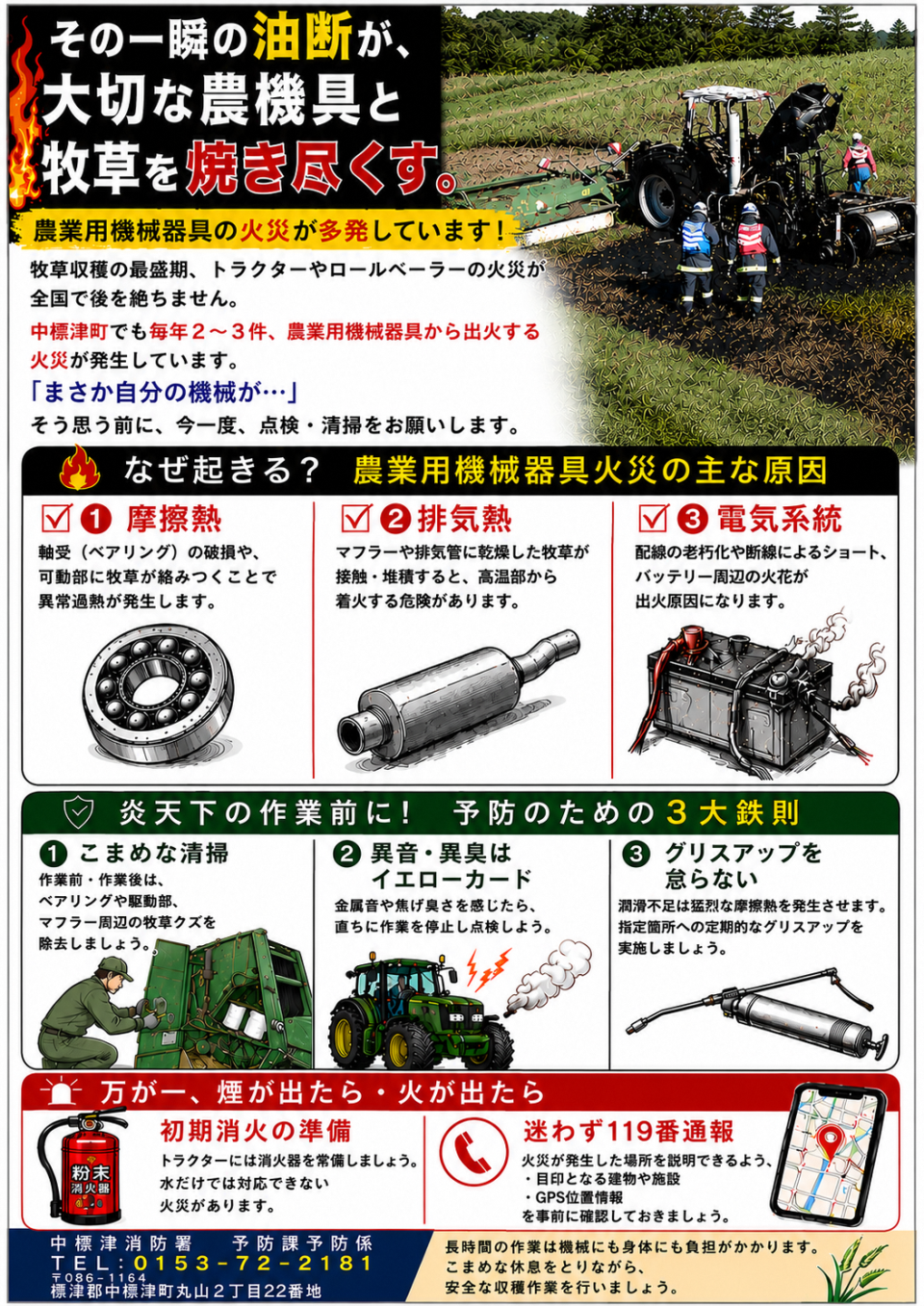 農業用機械器具からの出火予防をよびかけるポスター